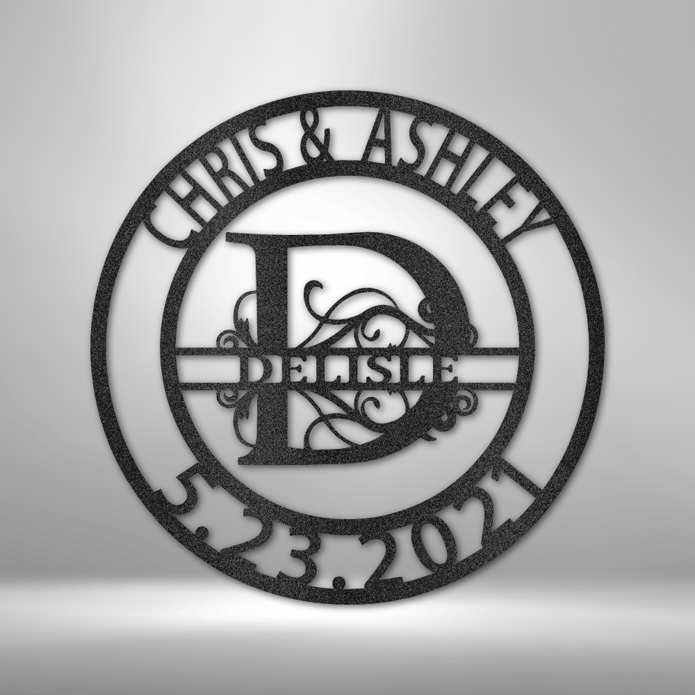 Custom monogram steel sign with personalized family name and circular text, wedding or anniversary wall decor made in USA