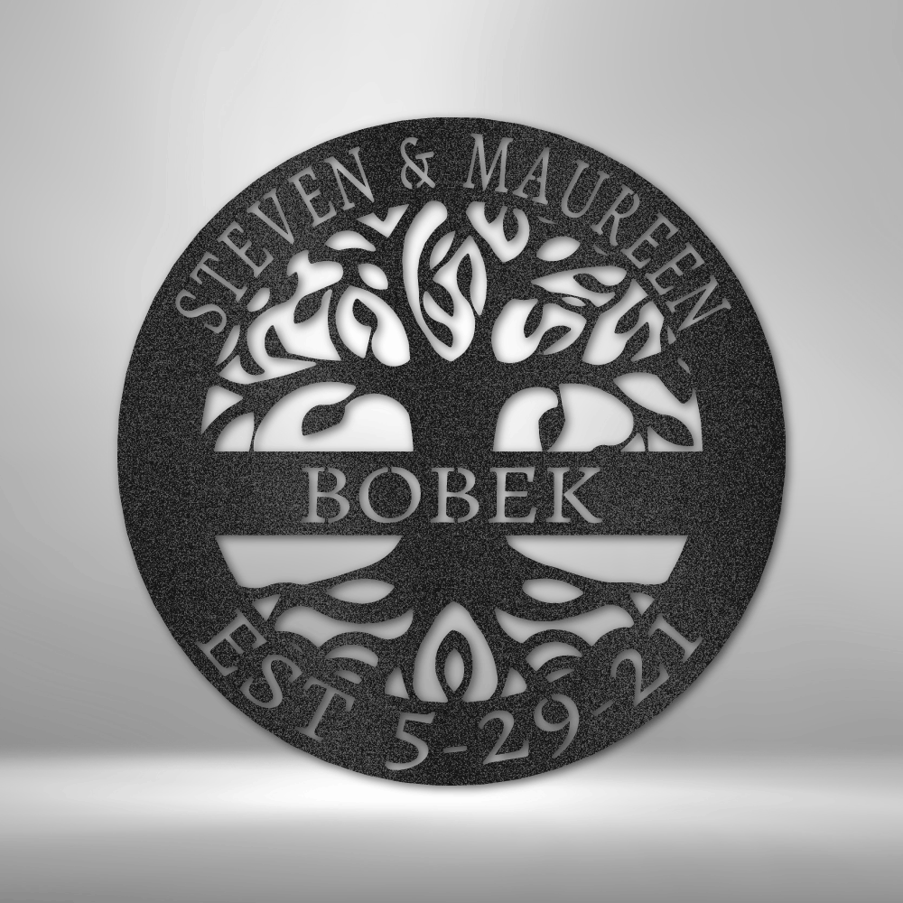 Custom tree of life steel sign with family name and established date, personalized wall decor made in USA