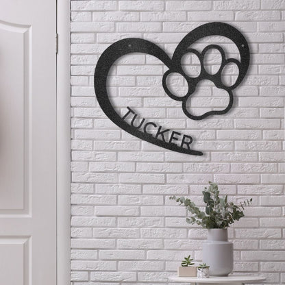 Custom Metal Wall Art for Dog &amp; Cat Lovers and Personalized Pet Name Decor lifestyle mockup in black with the name "Tucker" incorporated into the design.