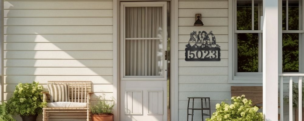 The front porch of what looks like a farm house with a custom steel sign to the right side of a door which shows the house numbers located under a group of four gnomes.