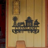 A custom steel sign with silhouettes of a windmill, a tractor, a barn and a chicken on top of a pig that is on top of a cow. Across the lower half is a personalized area which in this case has a family name but could also include an address or favorite quote or farm name. 