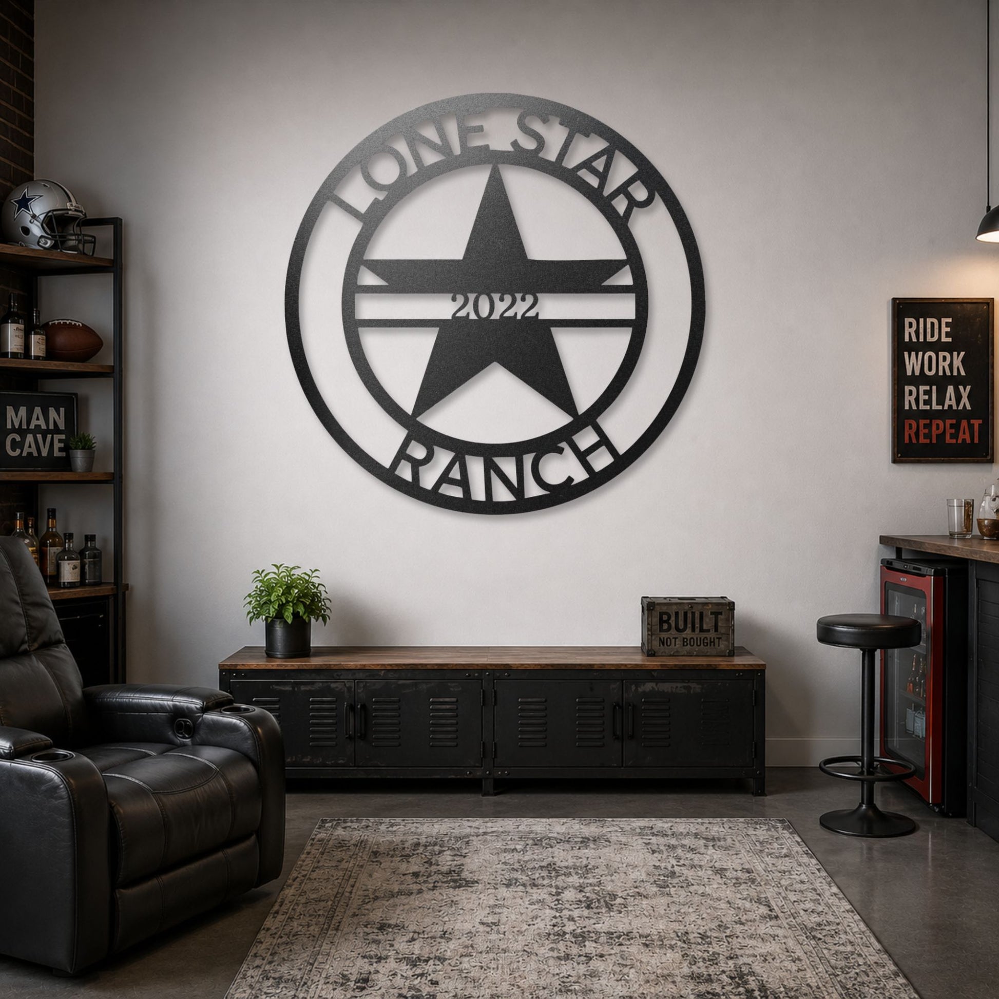 Lone Star Monogram steel sign in black finish displayed indoors