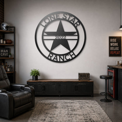Lone Star Monogram steel sign in black finish displayed indoors