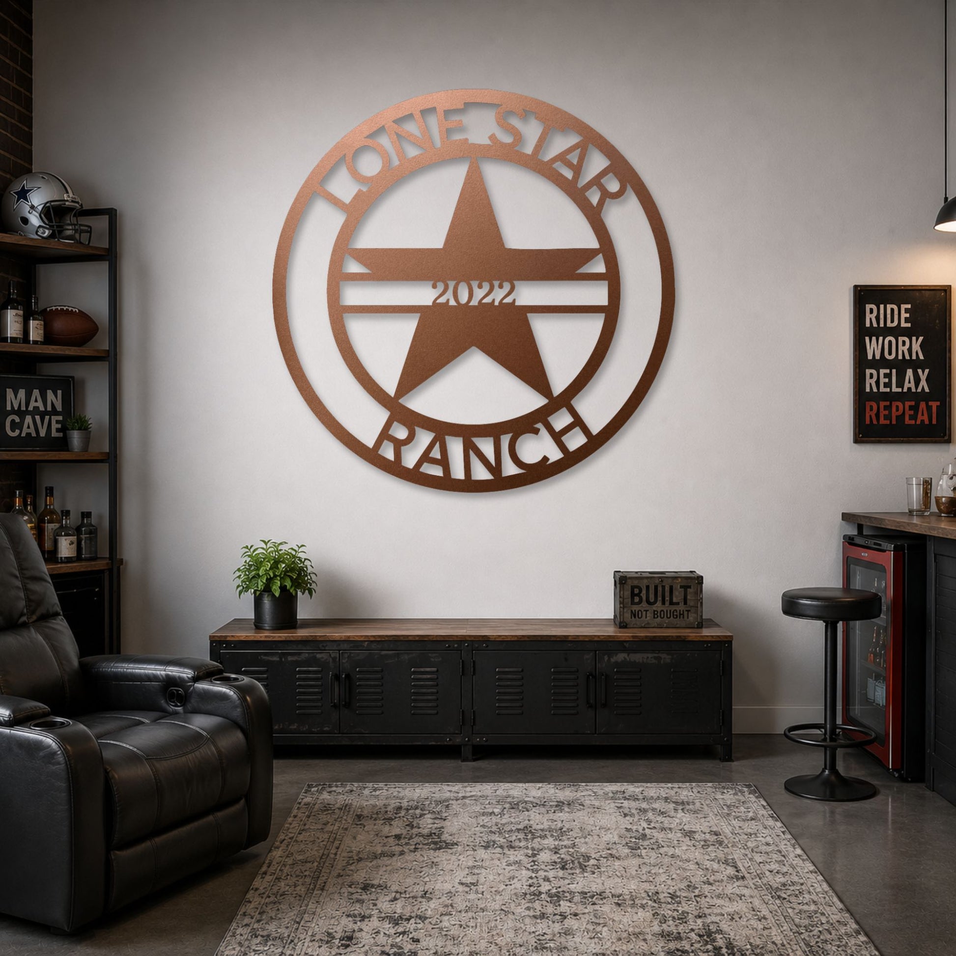 Lone Star Monogram steel sign in copper finish displayed indoors
