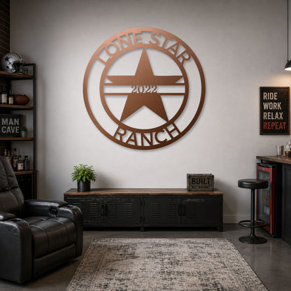Lone Star Monogram steel sign in copper finish displayed indoors