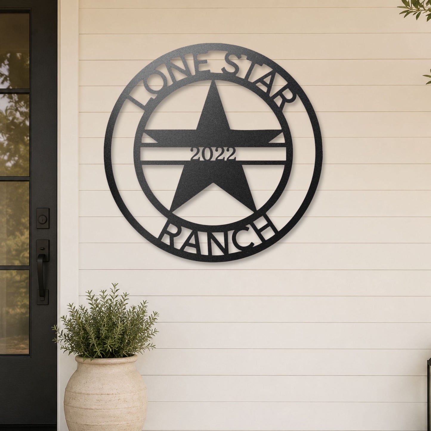 Lone Star Monogram steel sign in black finish displayed outdoors