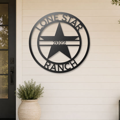 Lone Star Monogram steel sign in black finish displayed outdoors