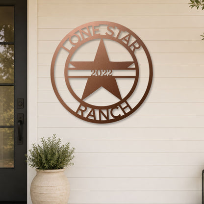 Lone Star Monogram steel sign in copper finish displayed outdoors