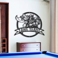 Custom steel sign hanging in a billiards game room or man cave with the image of a Viking warrior and the personalized phrase of "AWE YEAH" across a banner in the lower half.