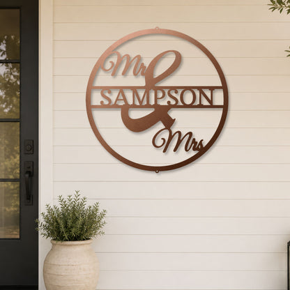 Mr and Mrs Circle steel sign in copper finish displayed outdoors