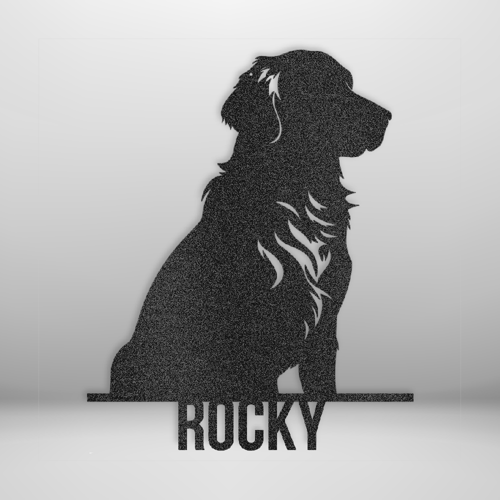 Custom Steel Sign: Golden Retriever Dog Name Metal Wall Art - mockup in black.