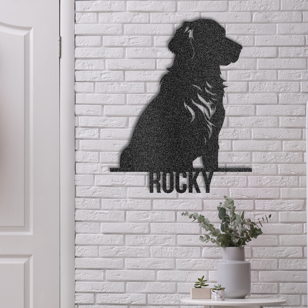 Custom Steel Sign: Golden Retriever Dog Name Metal Wall Art - lifestyle mockup in black.
