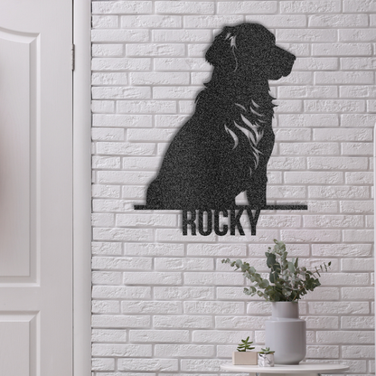 Custom Steel Sign: Golden Retriever Dog Name Metal Wall Art - lifestyle mockup in black.