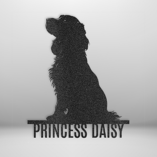 Custom Steel Sign: Cocker Spaniel Wall Art with Dog Name mockup in black.