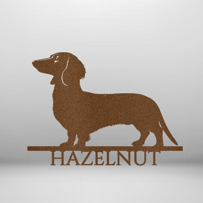 Custom Steel Sign: Dachshund Nameplate for Dog Lovers - mockup in copper/brown.