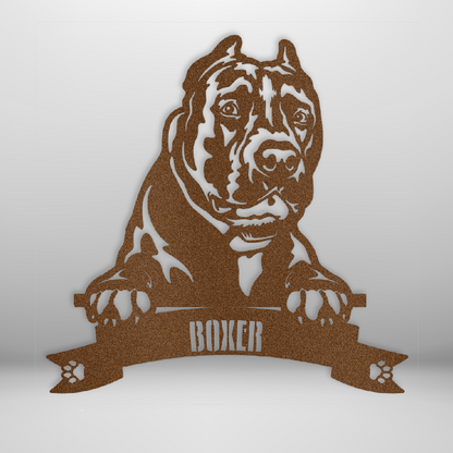Custom Steel Sign: Staffordshire Terrier Name Metal Wall Art - product mockup in copper/brown.