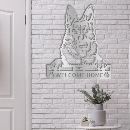 Personalized custom steel sign with German Shepherd design. Add your own text to this Made in USA dog wall art. Free shipping included. Mockup shown in silver.